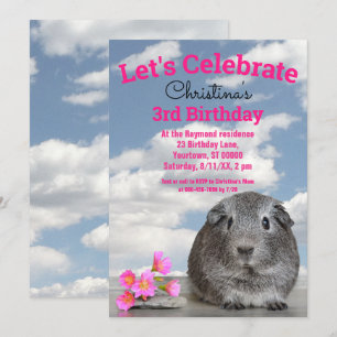 Children's 3rd Birthday Party Guinea Pig Flowers Invitation