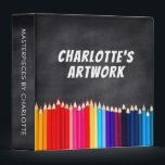 Children's Artwork Artist Keepsake Chalkboard Binder<br><div class="desc">Coloured pencils and chalkboard personalized art binder- Chalkboard look background. Personalized with artist's name and 'artwork' in the centre. Bordered at the bottom with row of coloured pencils photo in bright colours of the rainbow, including red, orange, yellow, green, blue, and purple. Spine has matching chalkboard look background and reads...</div>