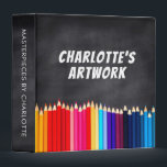 Children's Artwork Artist Keepsake Chalkboard Binder<br><div class="desc">Coloured pencils and chalkboard personalized art binder- Chalkboard look background. Personalized with artist's name and 'artwork' in the centre. Bordered at the bottom with row of coloured pencils photo in bright colours of the rainbow, including red, orange, yellow, green, blue, and purple. Spine has matching chalkboard look background and reads...</div>
