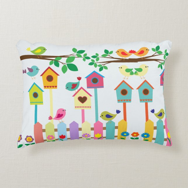 Childrens Birds Birdhouse Scenery Accent Pillow (Front)