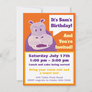 Children's Birthday Invitation, Happy Hippo Art Invitation