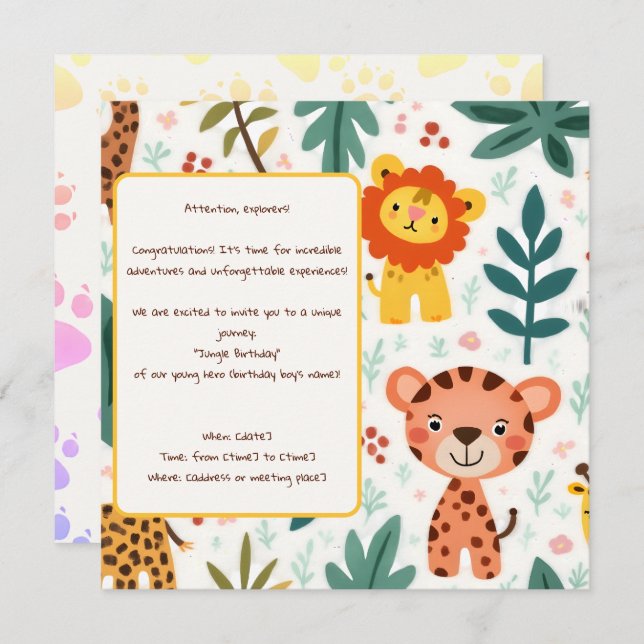 Children's Birthday Invitation in Jungle Style (Front/Back)