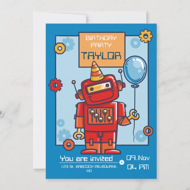 childrens birthday invitation with robot (Front)