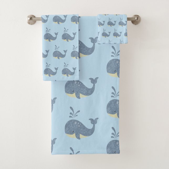 CHILDRENS BLUE WHALE BLACK BATHROOM TOWEL SET (Insitu)