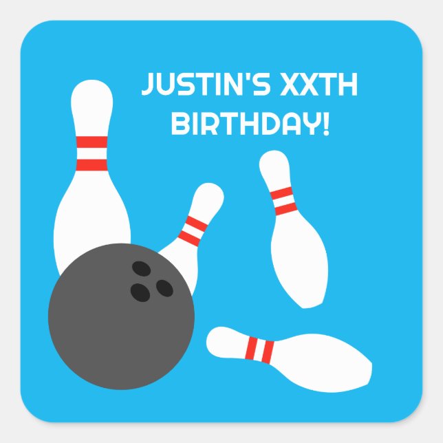 Children's bowling Birthday party square stickers (Front)