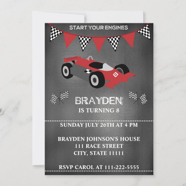 Children's Chalkboard Race Car Birthday Invitation (Front)