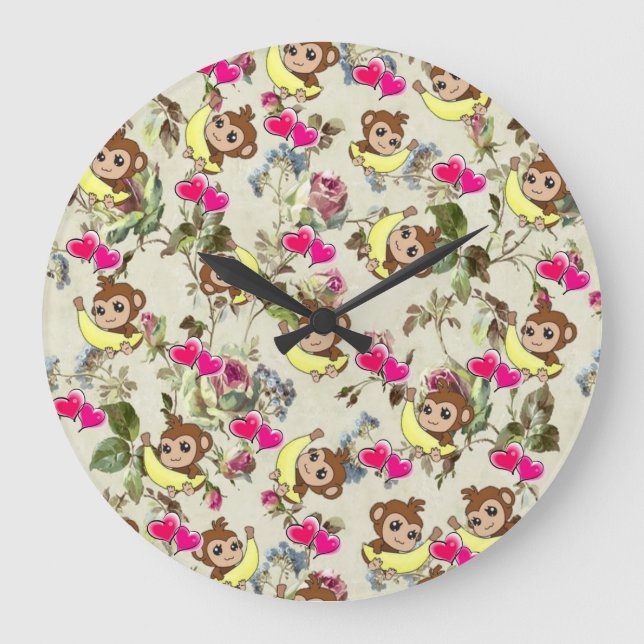 Children's Clock, Monkey Bananas Pink Hearts Large Clock (Front)