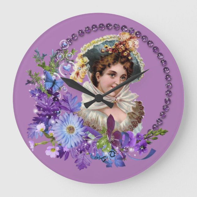 Children's Clock, Victorian Purple Floral Large Clock (Front)
