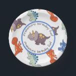 Children's Dinosaur Pattern Birthday Party Paper Plate<br><div class="desc">Fun children's birthday party design features a background pattern of various dinosaurs such as tyrannosaurus rex, triceratops and stegosaurus on a solid white background. In the centre is a white circle with blue trim. Inside the circle is a little purple triceratops dinosaur. There is curved text in dark grey font...</div>