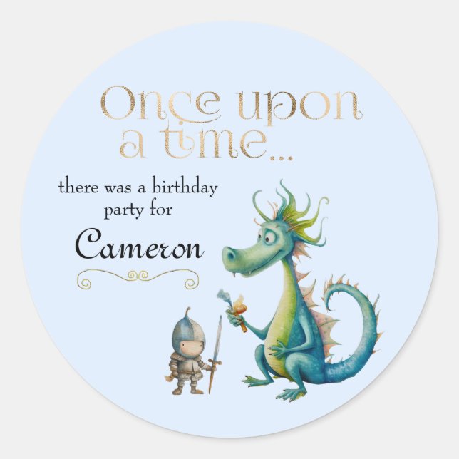 Children's Fairy Tale Dragon and Knight Blue Classic Round Sticker (Front)