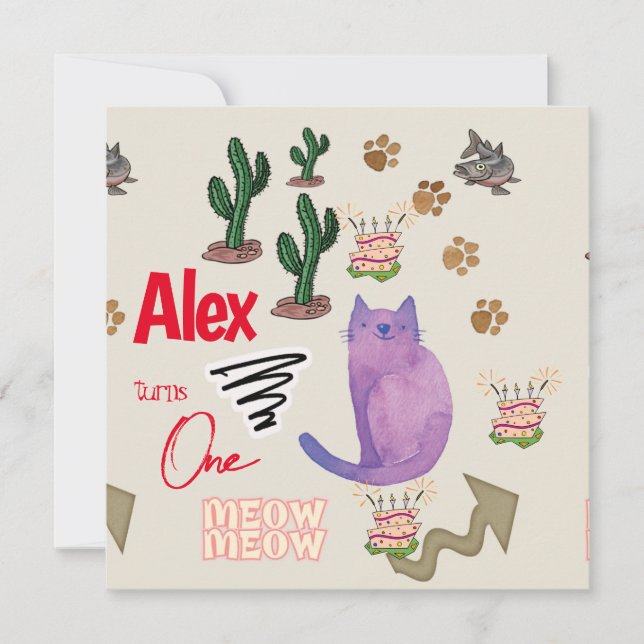Children's First Birthday Invitation Cat Fish Paws (Front)
