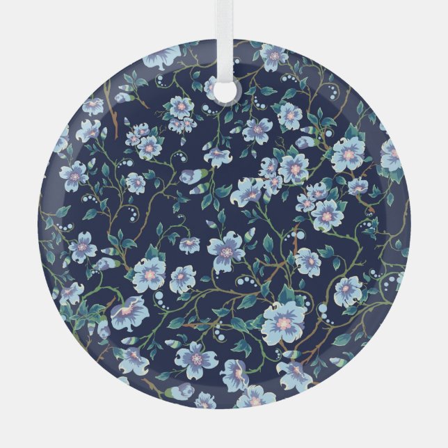 Children's flowers: seamless dark blue glass ornament (Front)