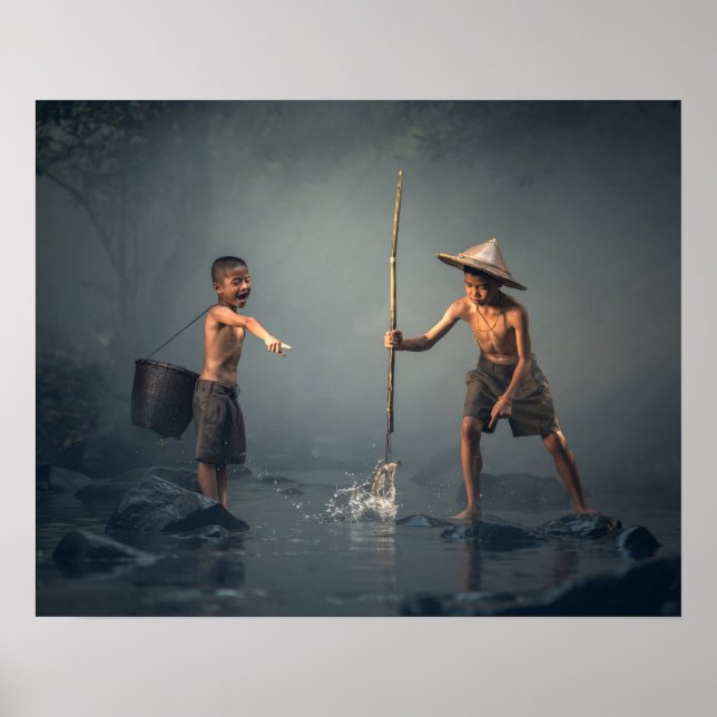 Children's happiness in traditional asian fishing poster (Front)