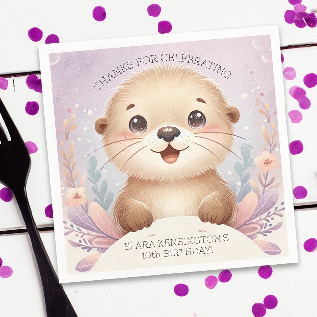 Children's Lilac Sea Otter Cute Birthday Party Napkin (Creator Uploaded)