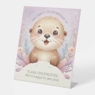 Children's Lilac Sea Otter Cute Birthday Party Pedestal Sign
