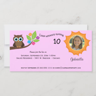 Children's Party Owl Photo Invite Pink Background