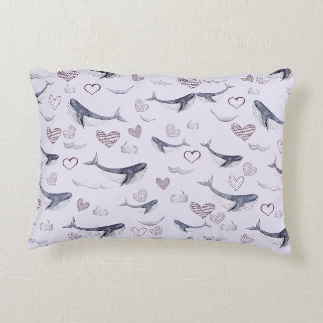Children's Pattern With Cute Whales, Clouds&Hearts Accent Pillow (Back)