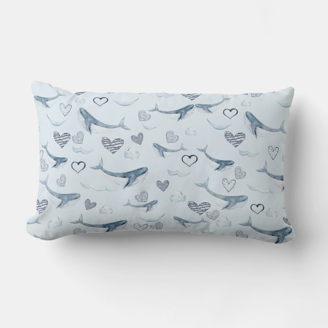 Children's Pattern With Cute Whales, Clouds&Hearts Lumbar Pillow (Front)