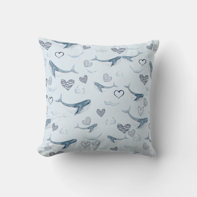 Children's Pattern With Cute Whales, Clouds&Hearts Throw Pillow (Front)
