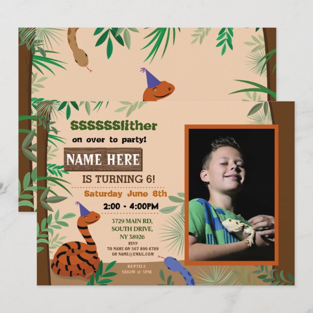 Children's Snake Birthday Party Reptile Photo Invitation (Front/Back)
