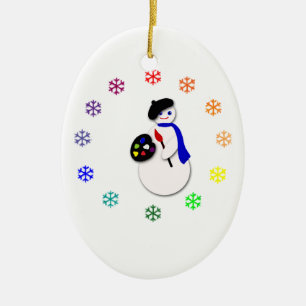 Childrens Snowman Artist w Snowflake Colorwheel Ceramic Ornament