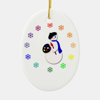 Childrens Snowman Artist w Snowflake Colorwheel Ceramic Ornament