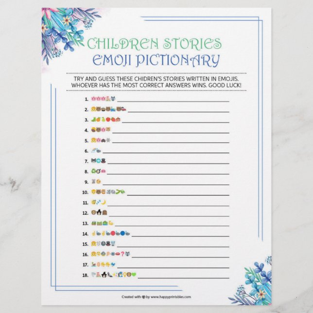 Children's Story Emoji Pictionary [Blue Floral] Letterhead (Front)