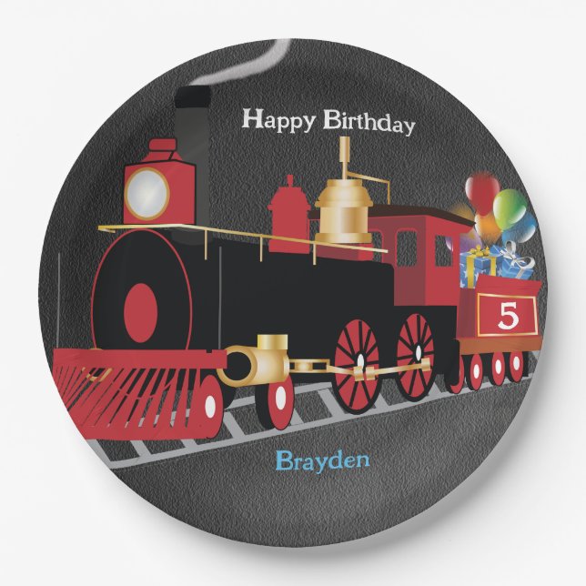 Children's Train Chalkboard Birthday Party Paper Plate (Front)