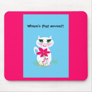 Children's White Cute Kitty Cat Mouse Pad