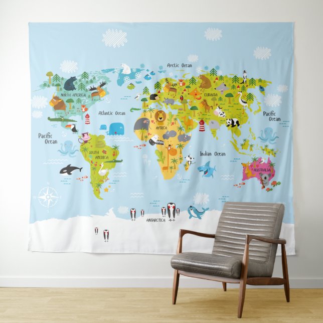 Children's World Map Bedroom Backdrop Tapestry (In Situ (Horizontal))