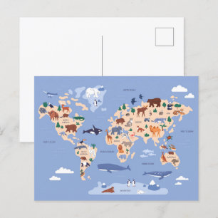 children's world map with animals postcard