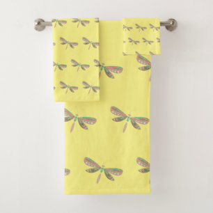 CHILDRENS YELLOW PINK DRAGONFLY BATHROOM TOWEL SET