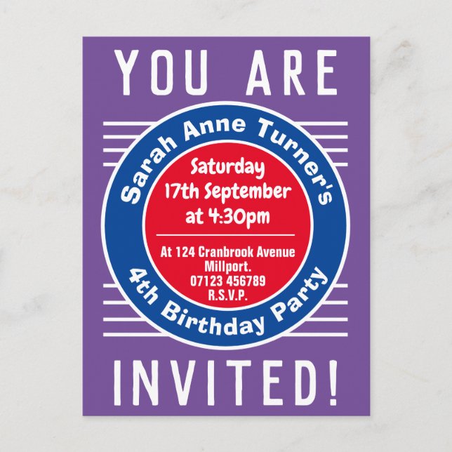 Child's 4th Birthday Party Invitation Postcard (Front)