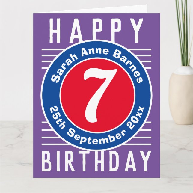 Child's 7th Birthday Card with Age, Name, & Date (Front)