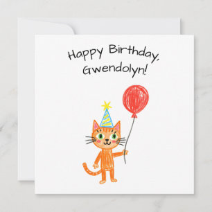 Child's Art Style Orange Cat Flat Birthday Card