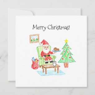 Child's Art Style Santa and Cookies Flat Greeting Card