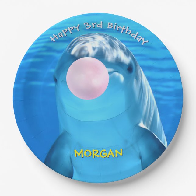 Child's Birthday Cute Dolphin Blowing Bubble, Name Paper Plate (Front)