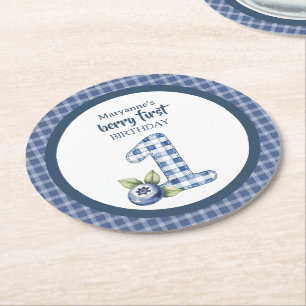 Child's Blueberry Berry First Birthday Round Paper Coaster
