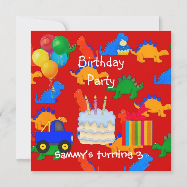Child's Boy 3rd Birthday Party Dinosaur Red Invitation (Front)