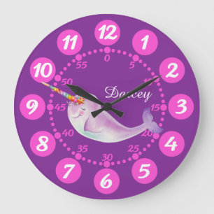 Child's cute narwhal whimsy watercolor pink purple large clock