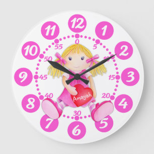 Child's cute rag doll heart art pink white clock