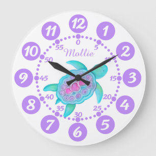 Child's cute turtle heart art purple white clock