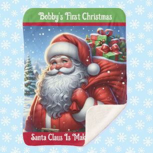 Child's First Christmas Santa Claus Custom Name Sherpa Blanket
