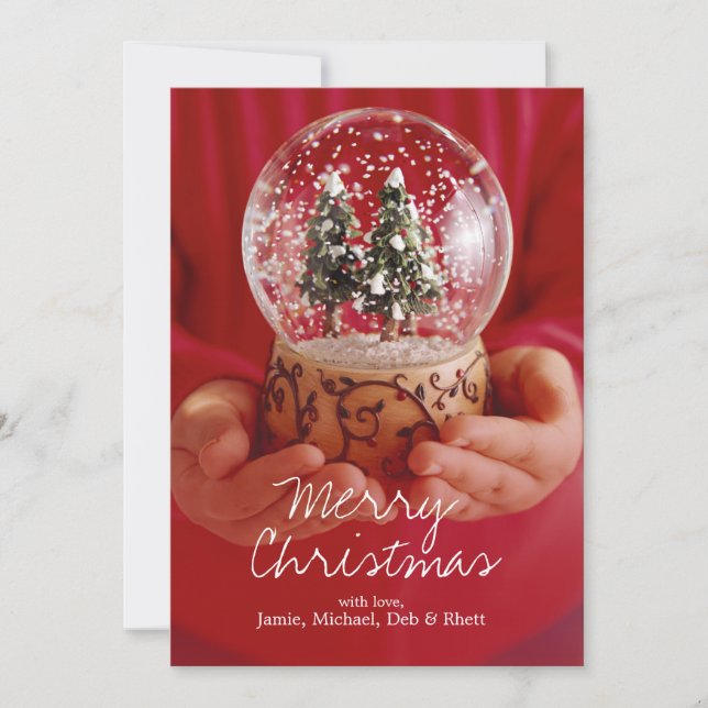Child's hands holding snow globe holiday card (Front)