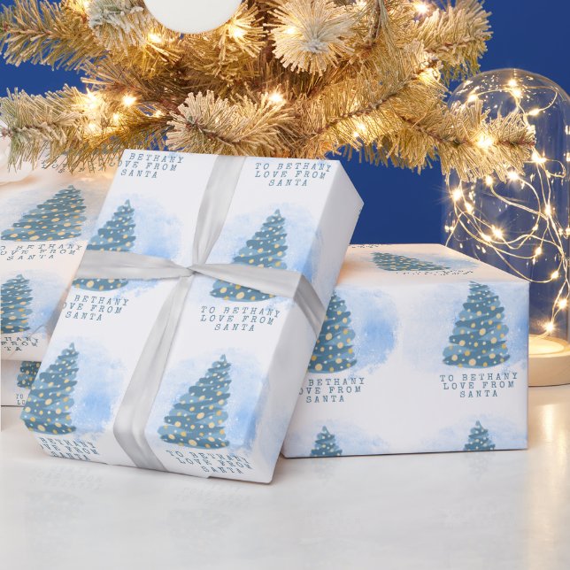 Childs Name Love From Santa Teal Chrismas Tree Wrapping Paper (Holidays)