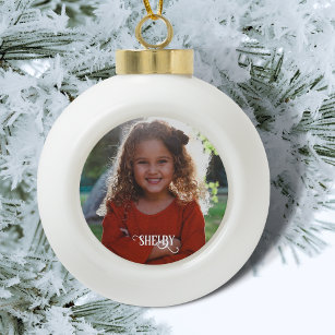 Child's Photo and Decorative Name Ceramic Ball Christmas Ornament
