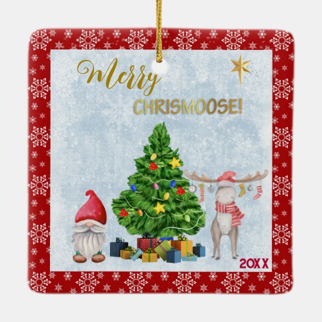 Child's Photo - Gnome Santa, Tree and Moose Ceramic Ornament (Back)