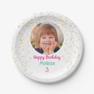 Child's Photo/Name/Age Happy B'day, Gold Stars Wht Paper Plate