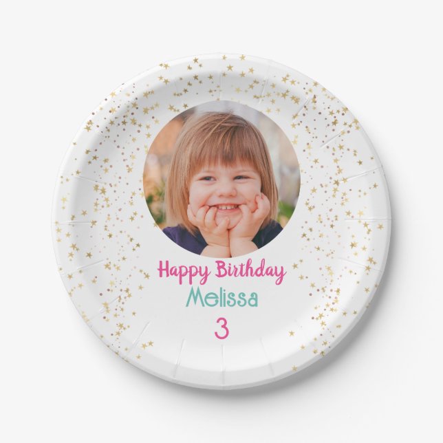 Child's Photo/Name/Age Happy B'day, Gold Stars Wht Paper Plate (Front)