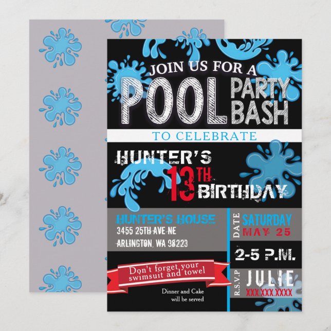 Childs Pool Party Bash Birthday Invitation (Front/Back)